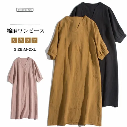 シャツワンピース ロングワンピース 綿麻 レディース リネン きれいめ 春 Vネック 五分袖 半袖 夏 大きいサイズ ガーゼ  ロングワンピース ロング 綿麻ワンピ Aライン Vネック 体型カバー ゆるっと 大人可愛い 着痩せ