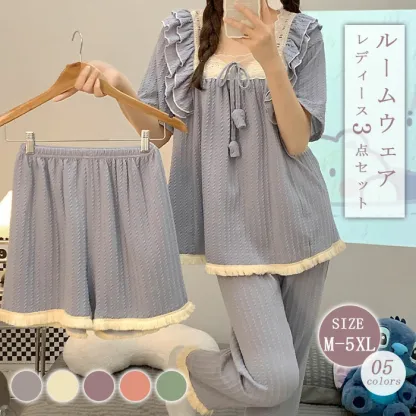 パジャマ ナイトウエア ルームウエア 3点セット 綿混 大きいサイズ 春夏 春秋 コットン 可愛い レディース 女性用 半袖 ロングパンツ 短パンツ 無地 部屋着 セットアップ 上下セット やわらか お肌にやさしい 上品 春夏 可愛い 2L 3L 4L 5L 6L