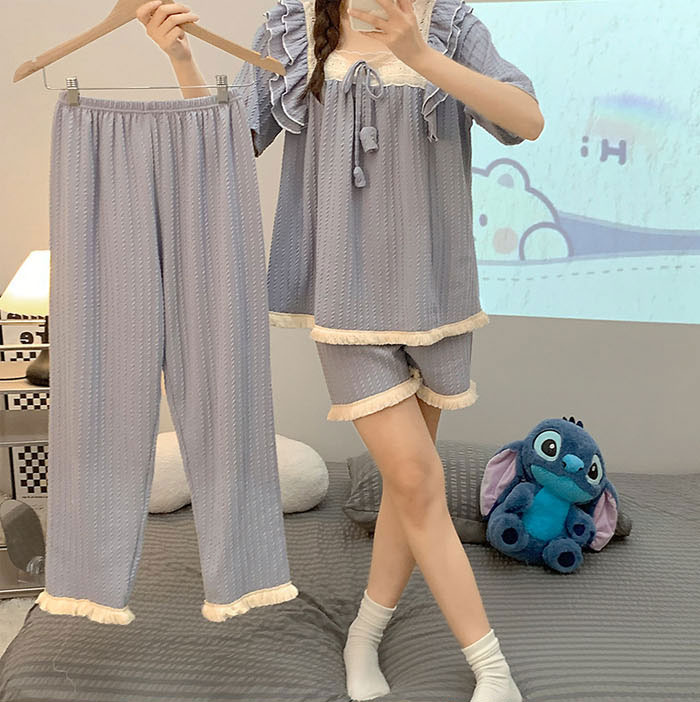 パジャマ ナイトウエア ルームウエア 3点セット 綿混 大きいサイズ 春夏 春秋 コットン 可愛い レディース 女性用 半袖 ロングパンツ 短パンツ 無地 部屋着 セットアップ 上下セット やわらか お肌にやさしい 上品 春夏 可愛い 2L 3L 4L 5L 6L