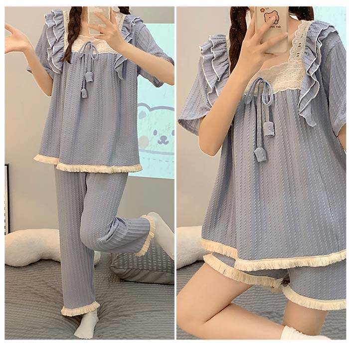 パジャマ ナイトウエア ルームウエア 3点セット 綿混 大きいサイズ 春夏 春秋 コットン 可愛い レディース 女性用 半袖 ロングパンツ 短パンツ 無地 部屋着 セットアップ 上下セット やわらか お肌にやさしい 上品 春夏 可愛い 2L 3L 4L 5L 6L