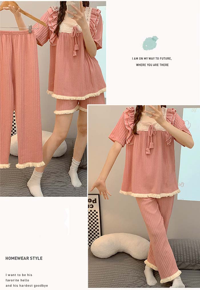 パジャマ ナイトウエア ルームウエア 3点セット 綿混 大きいサイズ 春夏 春秋 コットン 可愛い レディース 女性用 半袖 ロングパンツ 短パンツ 無地 部屋着 セットアップ 上下セット やわらか お肌にやさしい 上品 春夏 可愛い 2L 3L 4L 5L 6L