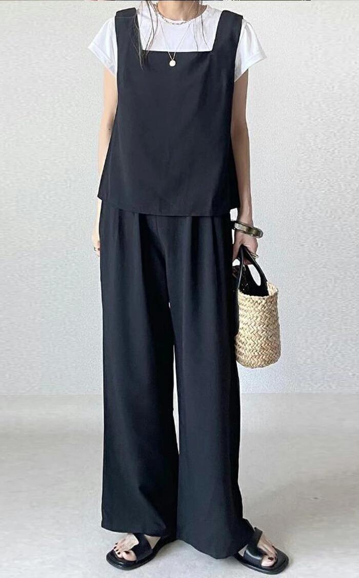 セットアップ レディース 綿麻混紡 春夏 夏 パンツドレス パンツスーツ ノースリーブ スクエアネック 無地 お出かけ お呼ばれ 普段着 ワイドパンツ 体型カバー ゆったり ハイウエスト 脚長効果 着瘦せ