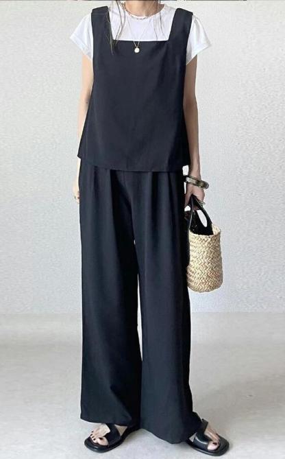 セットアップ レディース 綿麻混紡 春夏 夏 パンツドレス パンツスーツ ノースリーブ スクエアネック 無地 お出かけ お呼ばれ 普段着 ワイドパンツ 体型カバー ゆったり ハイウエスト 脚長効果 着瘦せ