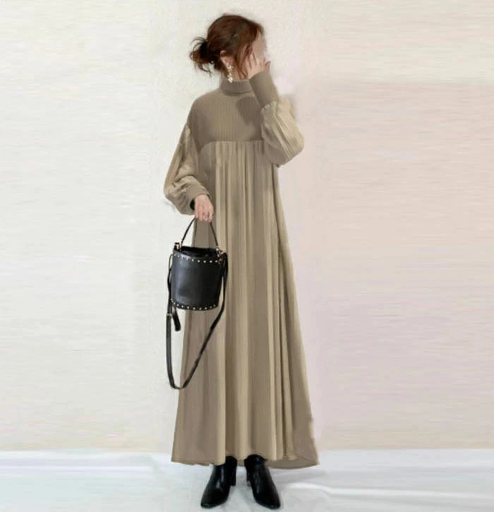 ロングワンピース ニット 可愛い 異素材 長袖 レディース きれいめ ワンピース ロング丈 マキシ丈 楽ちん 体型カバー リブニット  ギャザー ゆったり シンプル 無地 カジュアル マキシワンピース 大人可愛い 妊娠服 マタニティ 春秋 秋冬