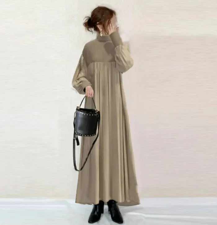 ロングワンピース ニット 可愛い 異素材 長袖 レディース きれいめ ワンピース ロング丈 マキシ丈 楽ちん 体型カバー リブニット  ギャザー ゆったり シンプル 無地 カジュアル マキシワンピース 大人可愛い 妊娠服 マタニティ 春秋 秋冬