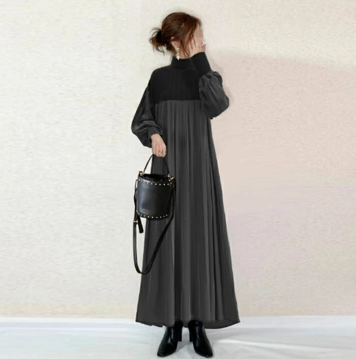 ロングワンピース ニット 可愛い 異素材 長袖 レディース きれいめ ワンピース ロング丈 マキシ丈 楽ちん 体型カバー リブニット  ギャザー ゆったり シンプル 無地 カジュアル マキシワンピース 大人可愛い 妊娠服 マタニティ 春秋 秋冬