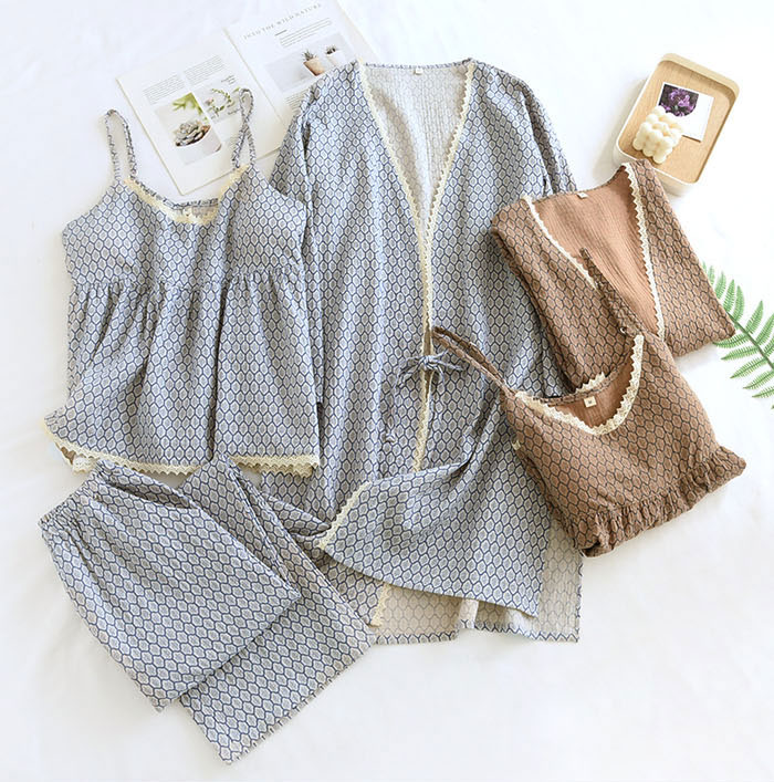 パジャマ　レディース　3点セット　ガウンセット　ガーゼ　綿100%　ホームウェア　ナイトウェア　ナイトドレス　部屋着　寝巻き　室内着