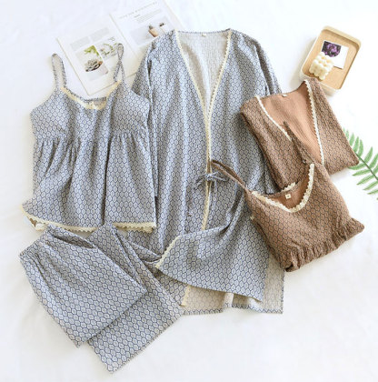 パジャマ　レディース　3点セット　ガウンセット　ガーゼ　綿100%　ホームウェア　ナイトウェア　ナイトドレス　部屋着　寝巻き　室内着