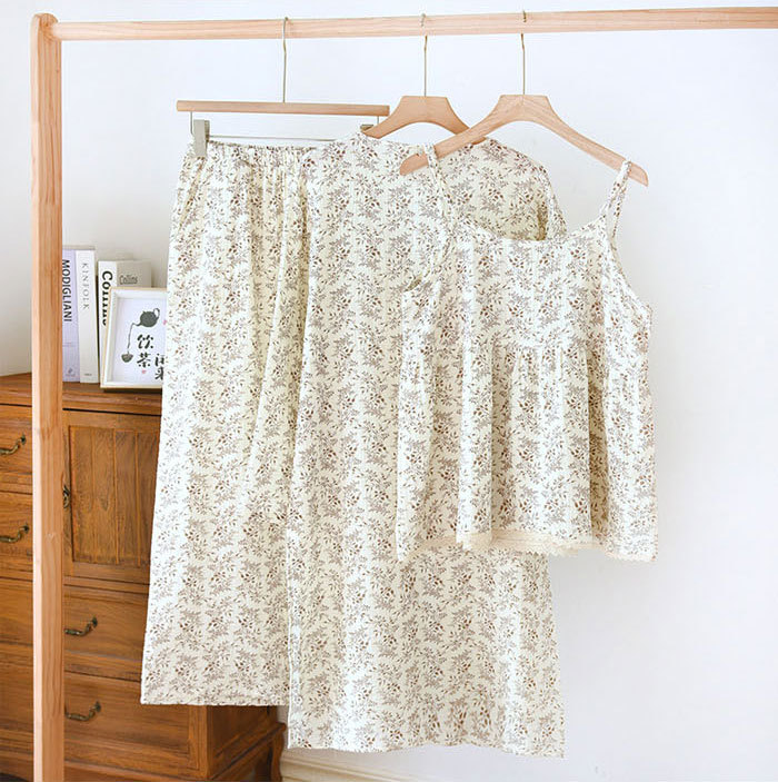 パジャマ　レディース　3点セット　ガウンセット　ガーゼ　綿100%　ホームウェア　ナイトウェア　ナイトドレス　部屋着　寝巻き　室内着