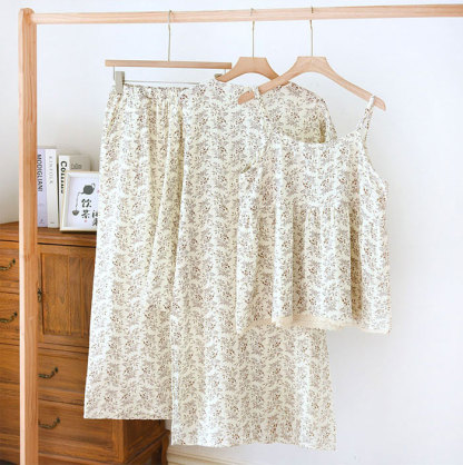 パジャマ　レディース　3点セット　ガウンセット　ガーゼ　綿100%　ホームウェア　ナイトウェア　ナイトドレス　部屋着　寝巻き　室内着