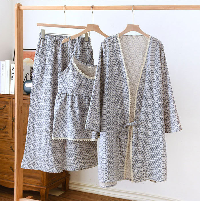 パジャマ　レディース　3点セット　ガウンセット　ガーゼ　綿100%　ホームウェア　ナイトウェア　ナイトドレス　部屋着　寝巻き　室内着