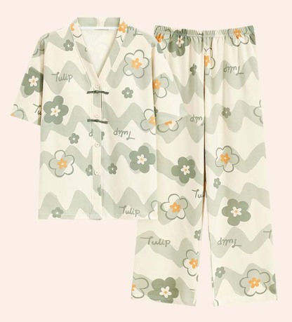 ルームウエア　レディース　女性用　綿　前開き　半袖　ロングパンツ　花柄　総柄　部屋着　セットアップ　上下セット　パジャマ　ナイトウエア　Vネック　ふんわり　やわらか　お肌にやさしい　上品　春秋　春夏　洗える　可愛い