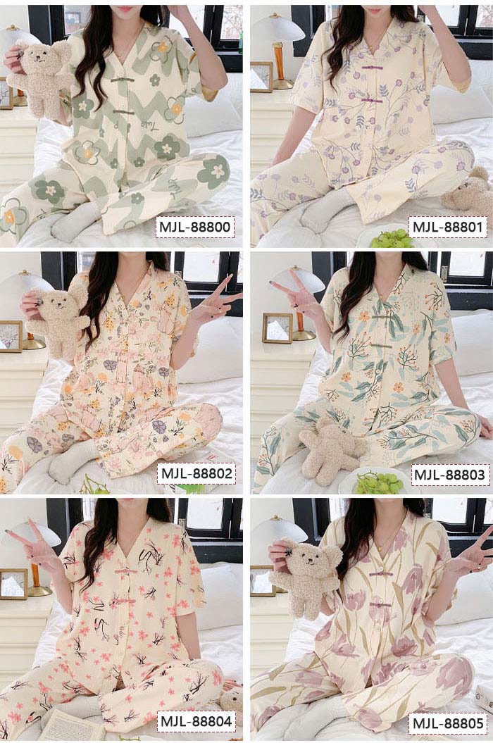 ルームウエア　レディース　女性用　綿　前開き　半袖　ロングパンツ　花柄　総柄　部屋着　セットアップ　上下セット　パジャマ　ナイトウエア　Vネック　ふんわり　やわらか　お肌にやさしい　上品　春秋　春夏　洗える　可愛い