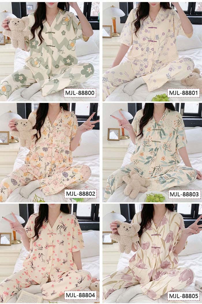 ルームウエア　レディース　女性用　綿　前開き　半袖　ロングパンツ　花柄　総柄　部屋着　セットアップ　上下セット　パジャマ　ナイトウエア　Vネック　ふんわり　やわらか　お肌にやさしい　上品　春秋　春夏　洗える　可愛い