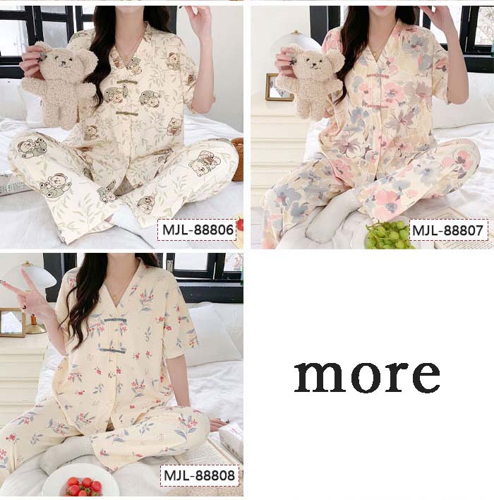 ルームウエア　レディース　女性用　綿　前開き　半袖　ロングパンツ　花柄　総柄　部屋着　セットアップ　上下セット　パジャマ　ナイトウエア　Vネック　ふんわり　やわらか　お肌にやさしい　上品　春秋　春夏　洗える　可愛い