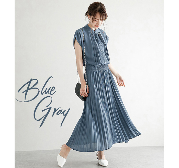 ロングワンピース　ワンピース　レディース　ロング丈　半袖　Aライン　ギャザー　プリーツ　シフォン　ギャザーワンピース　ハイウエスト　無地　カジュアル　フォーマル　結婚式　二次会　大人　上品