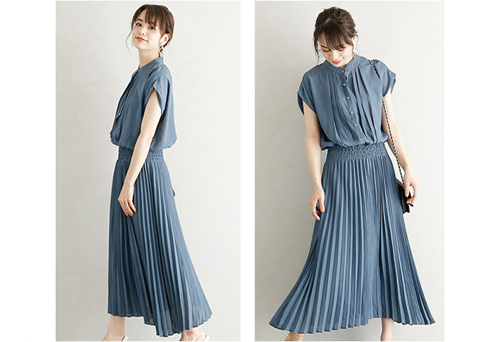 ロングワンピース　ワンピース　レディース　ロング丈　半袖　Aライン　ギャザー　プリーツ　シフォン　ギャザーワンピース　ハイウエスト　無地　カジュアル　フォーマル　結婚式　二次会　大人　上品