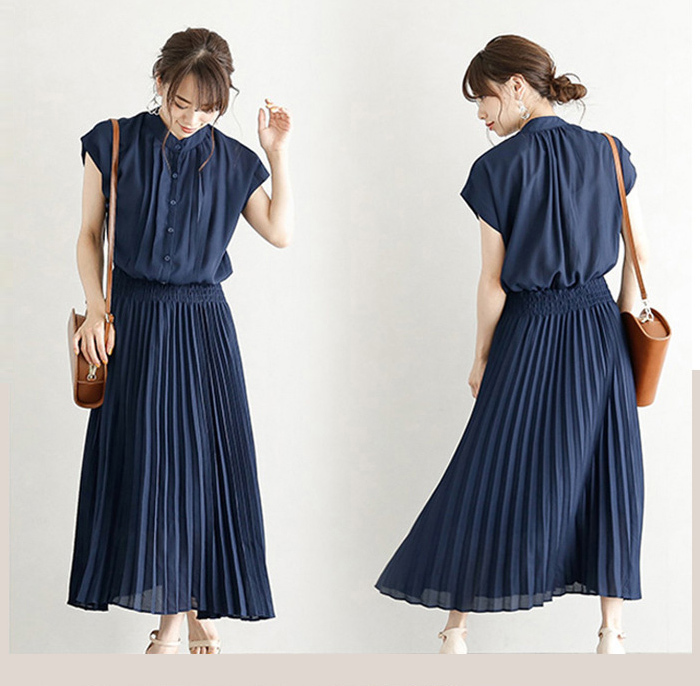 ロングワンピース　ワンピース　レディース　ロング丈　半袖　Aライン　ギャザー　プリーツ　シフォン　ギャザーワンピース　ハイウエスト　無地　カジュアル　フォーマル　結婚式　二次会　大人　上品