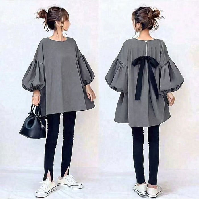 チュニックブラウス チュニックワンピース 大人 パフスリーブ 長袖 秋冬 春秋 バックリボン 蝶結び ビッグシルエット 大きいサイズ きれいめ 無地 ゆったり系 着やせ カジュアル 着痩せ 体型カバー 大人 可愛い カジュアル