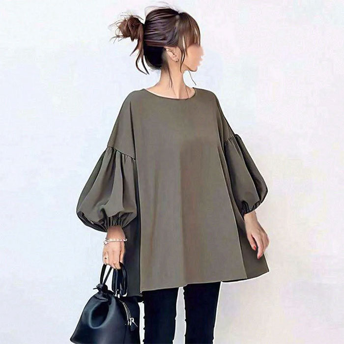 チュニックブラウス チュニックワンピース 大人 パフスリーブ 長袖 秋冬 春秋 バックリボン 蝶結び ビッグシルエット 大きいサイズ きれいめ 無地 ゆったり系 着やせ カジュアル 着痩せ 体型カバー 大人 可愛い カジュアル