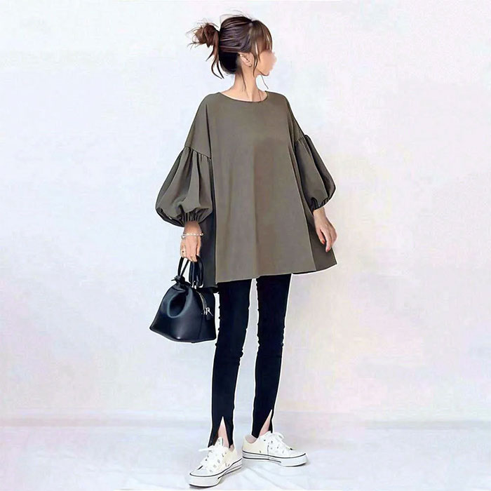 チュニックブラウス チュニックワンピース 大人 パフスリーブ 長袖 秋冬 春秋 バックリボン 蝶結び ビッグシルエット 大きいサイズ きれいめ 無地 ゆったり系 着やせ カジュアル 着痩せ 体型カバー 大人 可愛い カジュアル