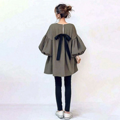 チュニックブラウス チュニックワンピース 大人 パフスリーブ 長袖 秋冬 春秋 バックリボン 蝶結び ビッグシルエット 大きいサイズ きれいめ 無地 ゆったり系 着やせ カジュアル 着痩せ 体型カバー 大人 可愛い カジュアル