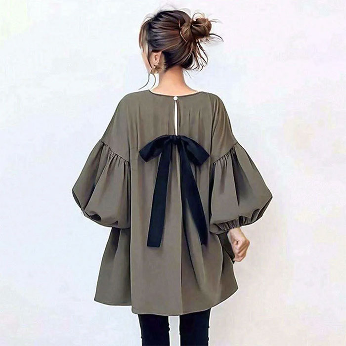 チュニックブラウス チュニックワンピース 大人 パフスリーブ 長袖 秋冬 春秋 バックリボン 蝶結び ビッグシルエット 大きいサイズ きれいめ 無地 ゆったり系 着やせ カジュアル 着痩せ 体型カバー 大人 可愛い カジュアル