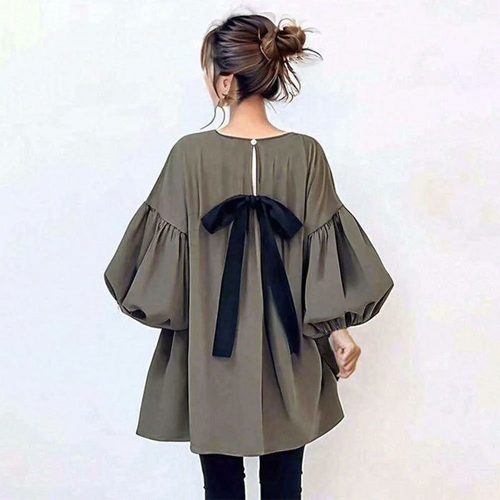 チュニックブラウス チュニックワンピース 大人 パフスリーブ 長袖 秋冬 春秋 バックリボン 蝶結び ビッグシルエット 大きいサイズ きれいめ 無地 ゆったり系 着やせ カジュアル 着痩せ 体型カバー 大人 可愛い カジュアル