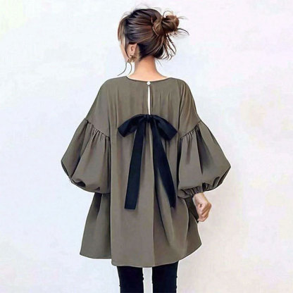 チュニックブラウス チュニックワンピース 大人 パフスリーブ 長袖 秋冬 春秋 バックリボン 蝶結び ビッグシルエット 大きいサイズ きれいめ 無地 ゆったり系 着やせ カジュアル 着痩せ 体型カバー 大人 可愛い カジュアル
