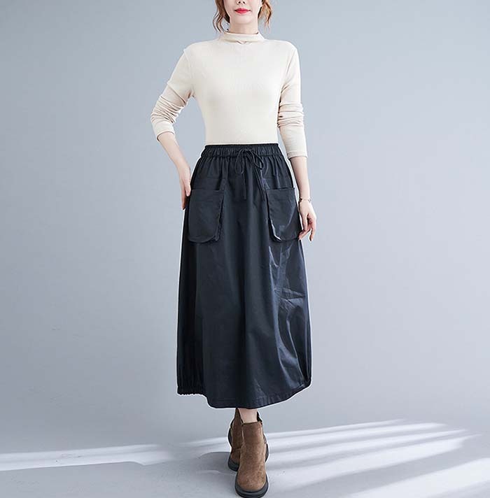 ロングスカート 綿 スカート ブラック ロング レディース 黒 大きいサイズ 無地 ボトムス 春夏 春物 シンプル きれいめ 大人可愛い カジュアル ハイウエスト ゴムウエスト ポケット付き お出かけお呼ばれ コーデやすい 着瘦せ効果 送料無料