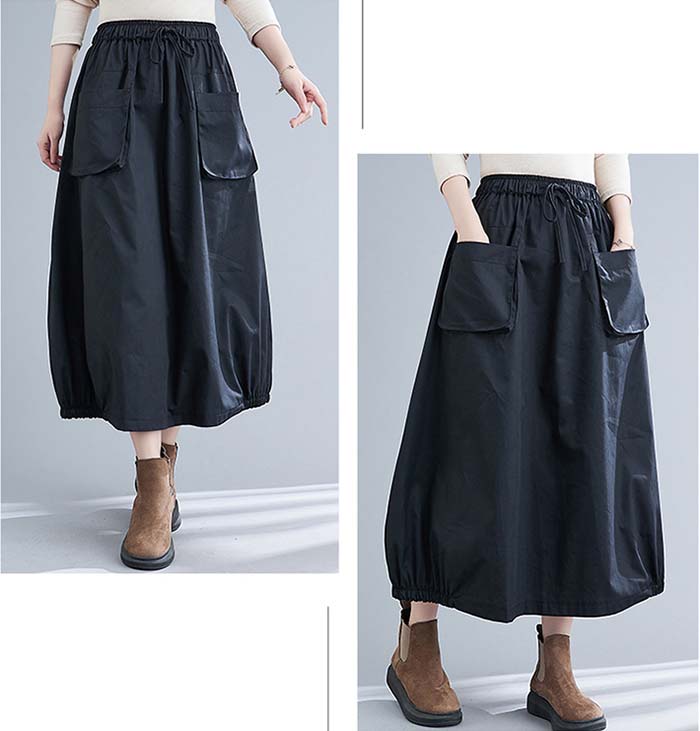 ロングスカート 綿 スカート ブラック ロング レディース 黒 大きいサイズ 無地 ボトムス 春夏 春物 シンプル きれいめ 大人可愛い カジュアル ハイウエスト ゴムウエスト ポケット付き お出かけお呼ばれ コーデやすい 着瘦せ効果 送料無料
