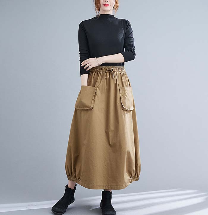 ロングスカート 綿 スカート ブラック ロング レディース 黒 大きいサイズ 無地 ボトムス 春夏 春物 シンプル きれいめ 大人可愛い カジュアル ハイウエスト ゴムウエスト ポケット付き お出かけお呼ばれ コーデやすい 着瘦せ効果 送料無料