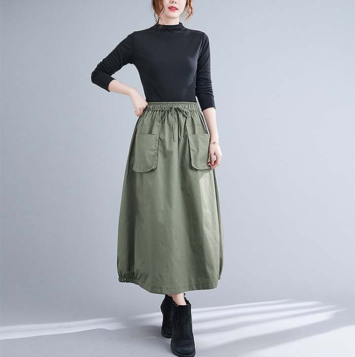 ロングスカート 綿 スカート ブラック ロング レディース 黒 大きいサイズ 無地 ボトムス 春夏 春物 シンプル きれいめ 大人可愛い カジュアル ハイウエスト ゴムウエスト ポケット付き お出かけお呼ばれ コーデやすい 着瘦せ効果 送料無料