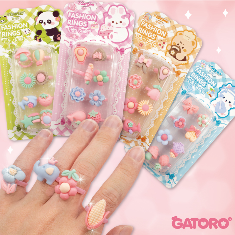 GATORO 8 PCS Cartoon Pattern Resin Ring | Suction Card Set