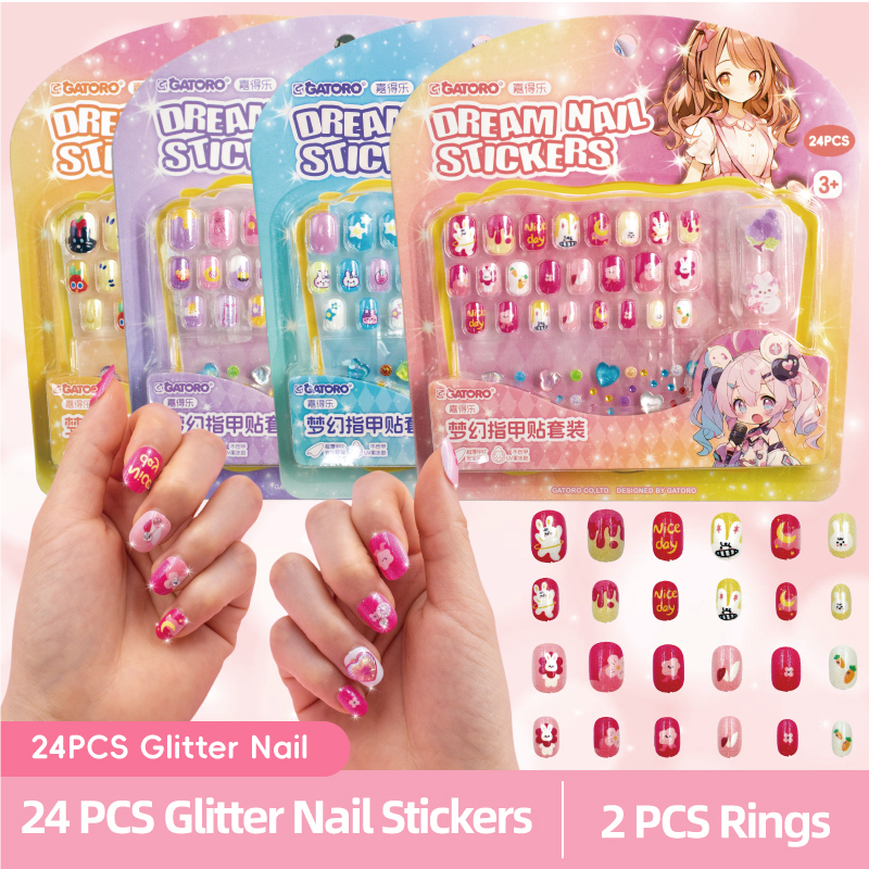 GATORO 24 Glitter Nail Stickers 2 Cartoon Rings | Suction Card Set