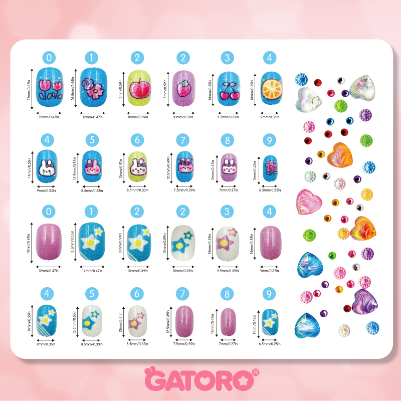 GATORO 24 Glitter Nail Stickers 2 Cartoon Rings | Suction Card Set