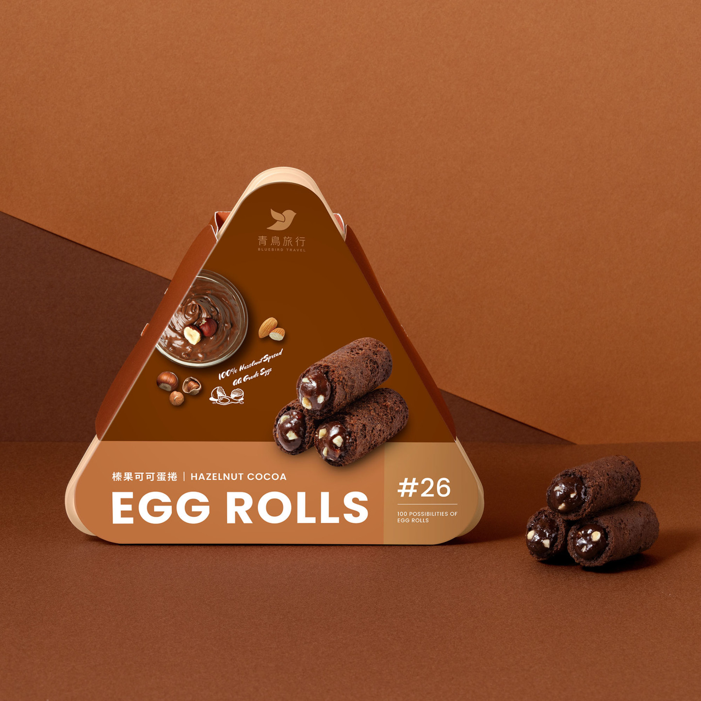 Hazelnut Cocoa Mini Egg Roll Share Box with filled egg rolls.