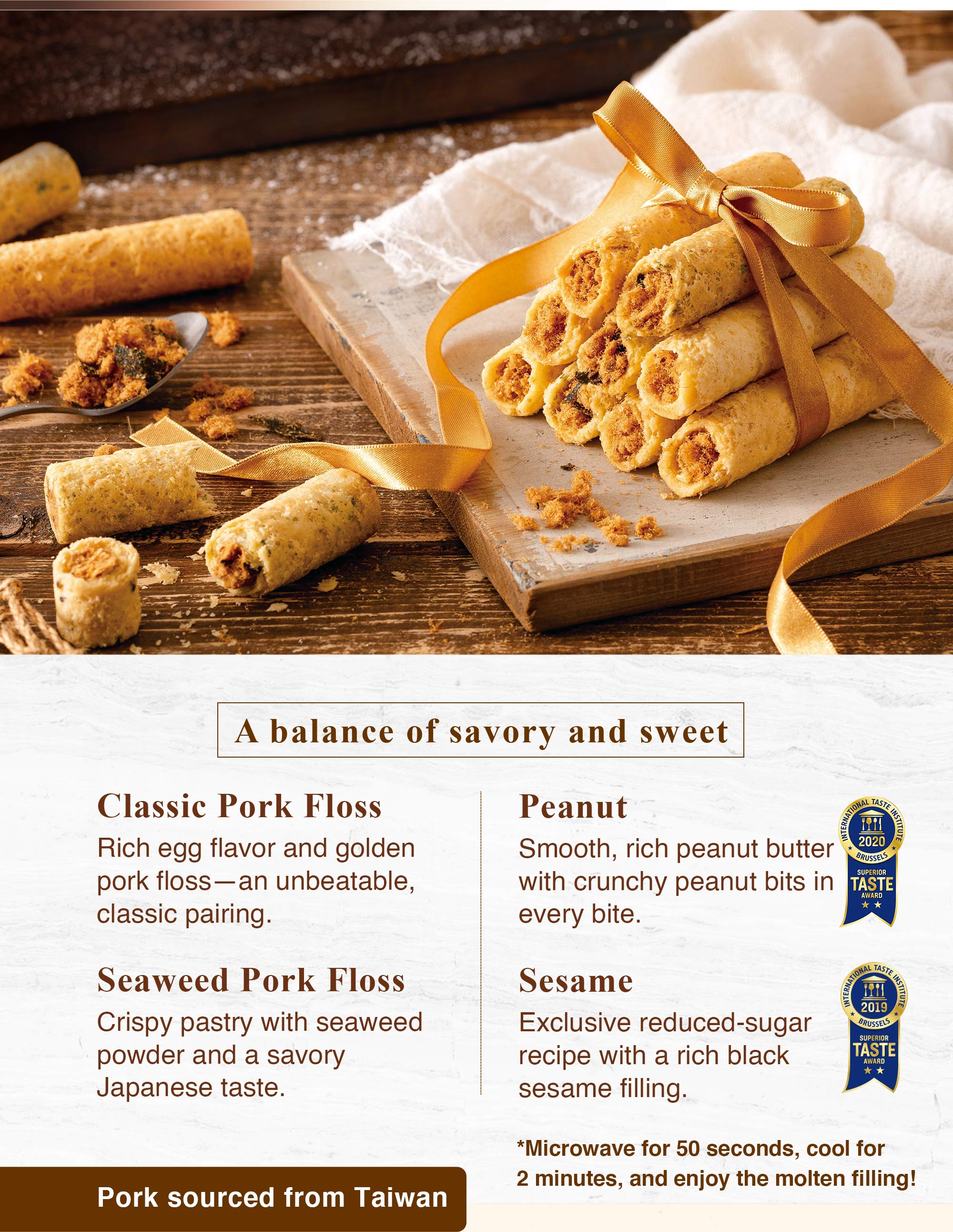egg roll flavors singapore pork floss seaweed sesame peanut savory sweet combination.