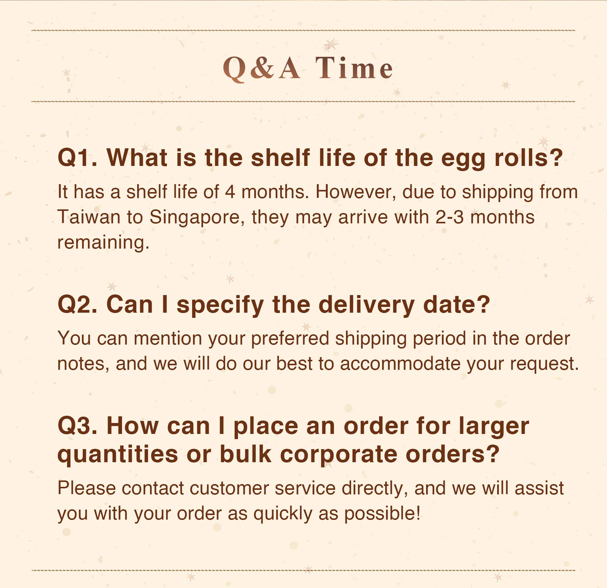 egg roll faq singapore shelf life delivery bulk order information.