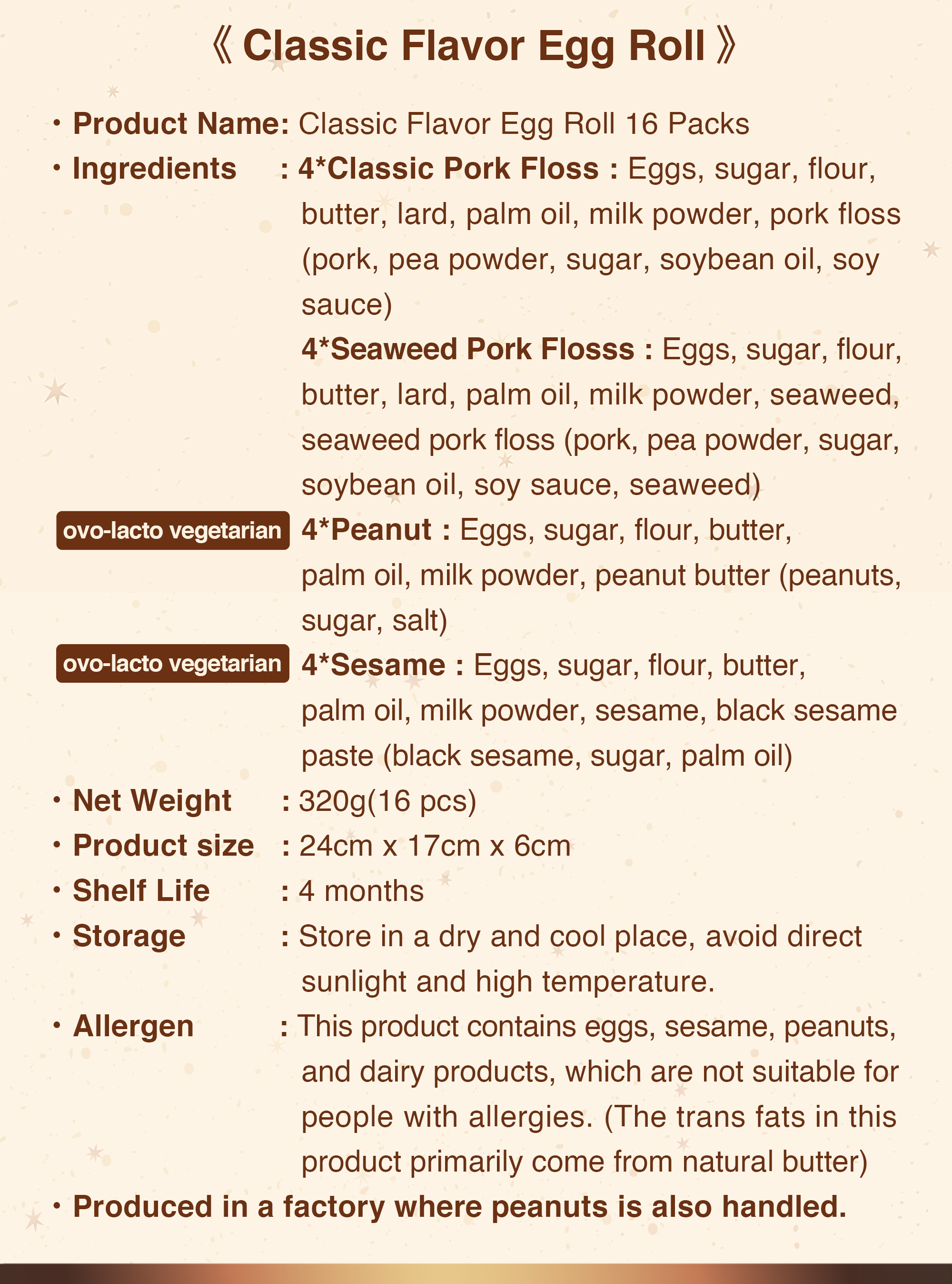 egg roll ingredients classic flavor singapore pork floss sesame peanut allergen nutrition info.