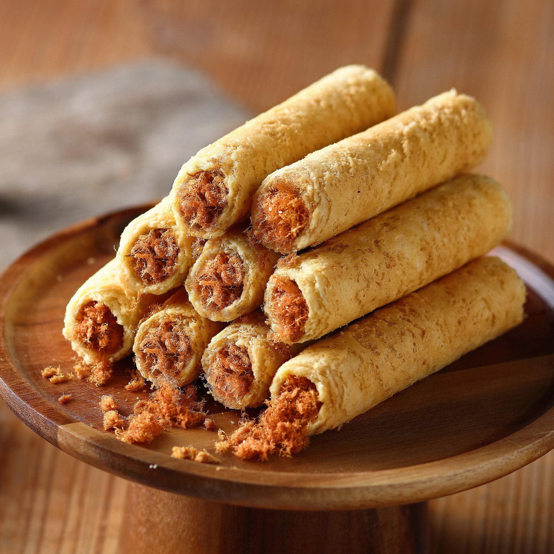 Classic Pork Floss Filled Egg Rolls with crispy buttery shell and savoury pork floss filling