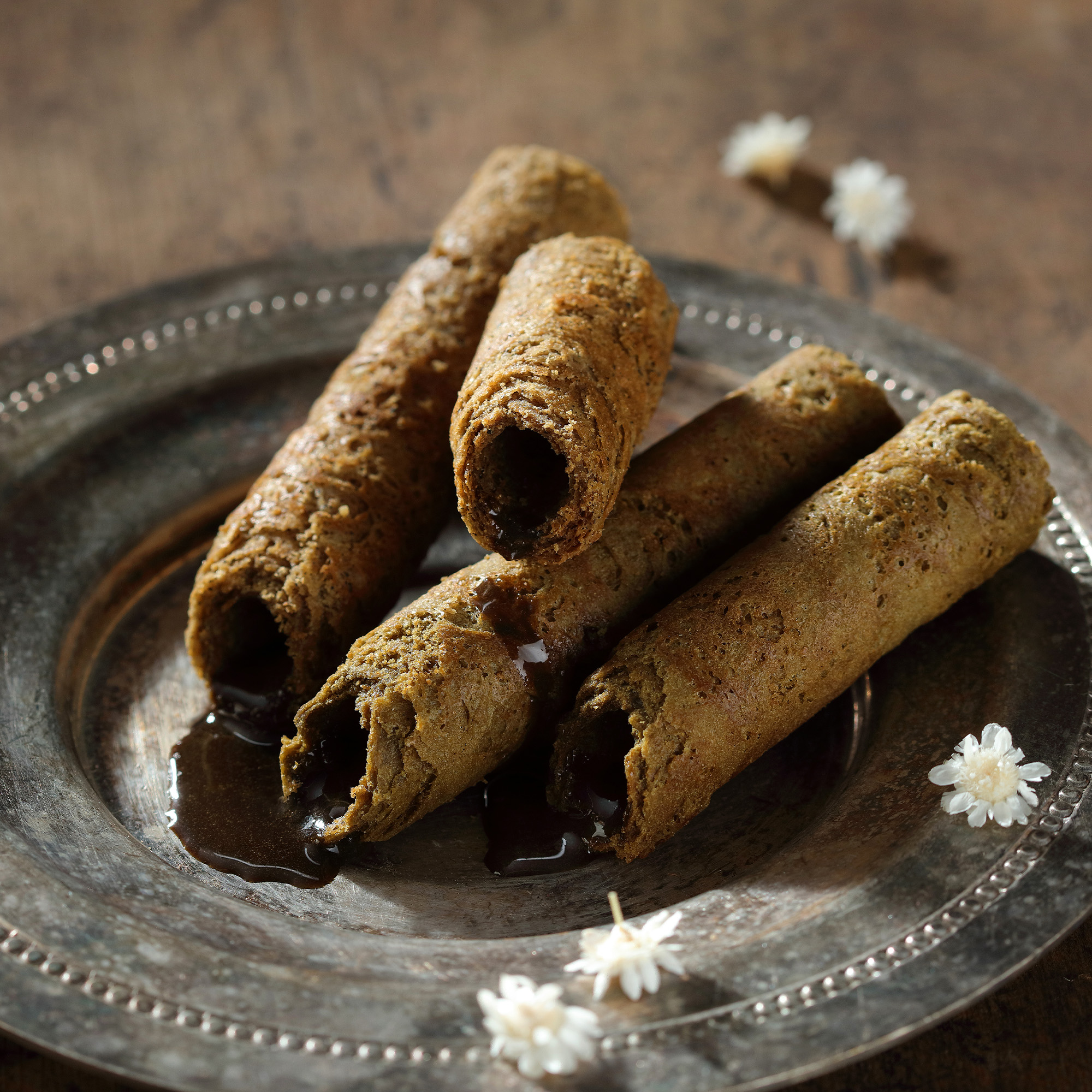 close up of egg rolls with tieguanyin tea chocolate filling texture