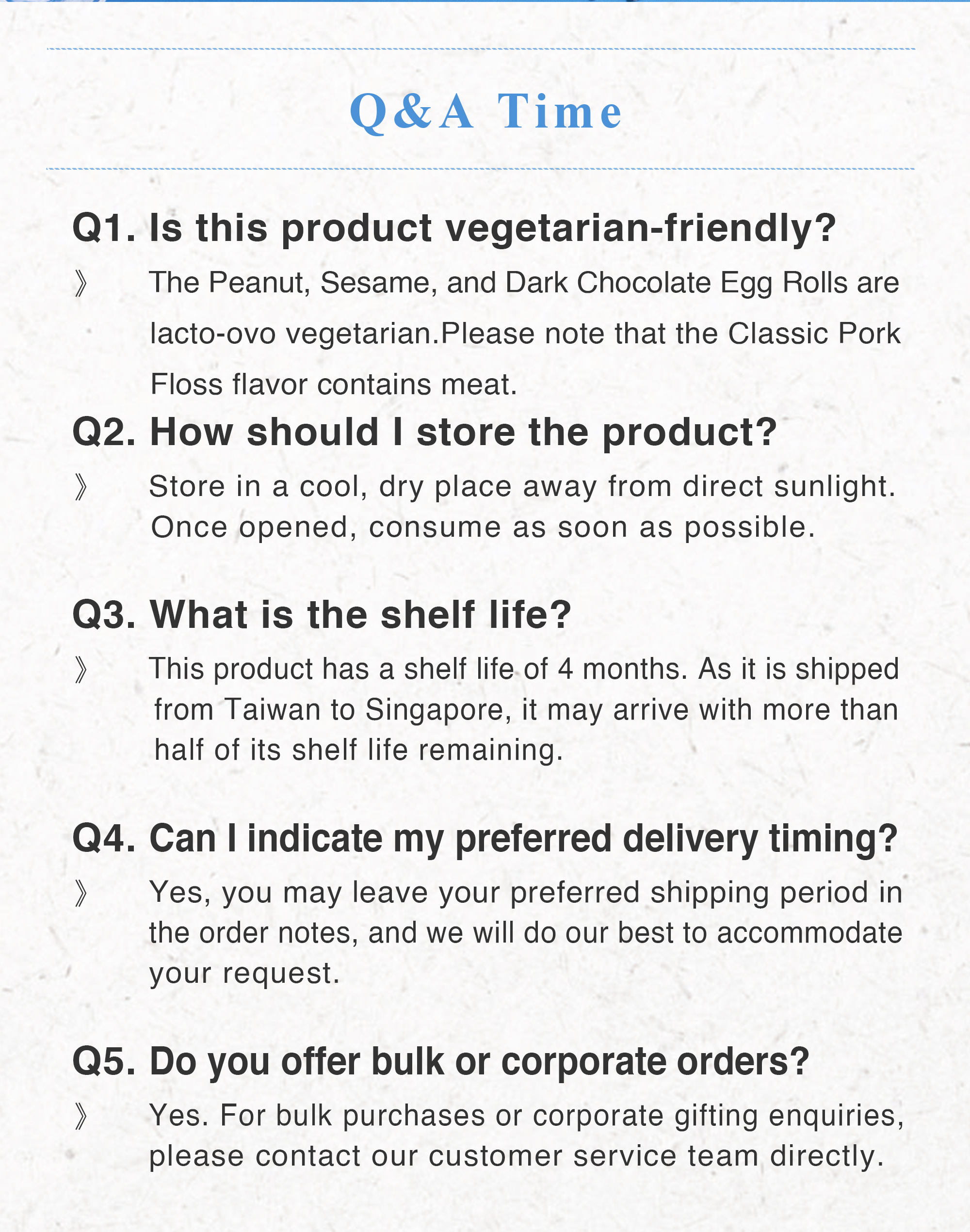 Summer limited 16pcs egg rolls Q&A for storage shelf life and bulk orders.