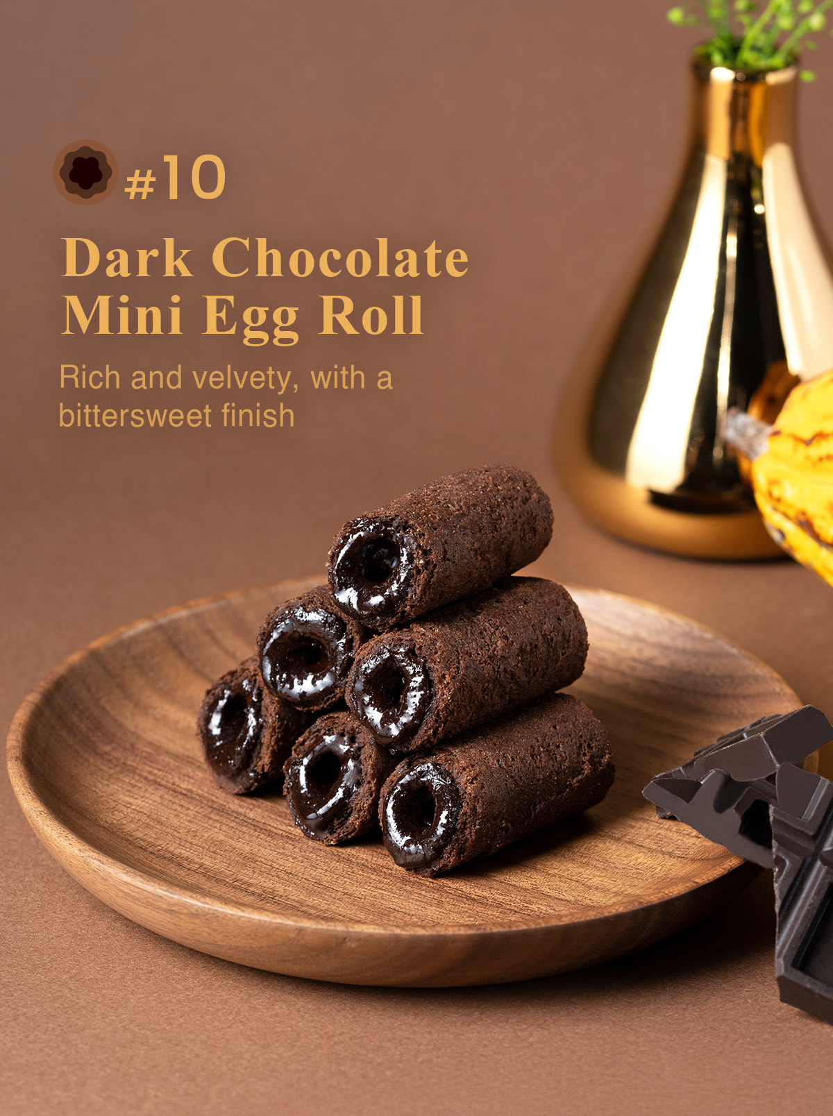 Dark chocolate mini egg rolls served on plate rich and bittersweet flavour