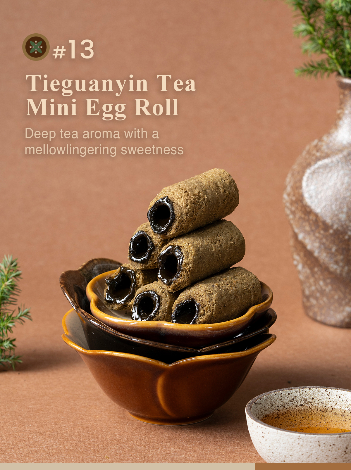 Close up of Tieguanyin tea chocolate filled mini egg rolls with superior taste award