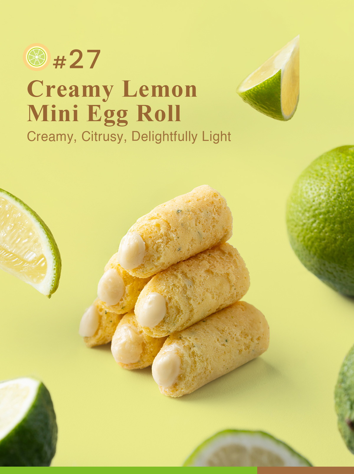 lemon mini egg rolls share box with fresh limes bright citrus dessert concept