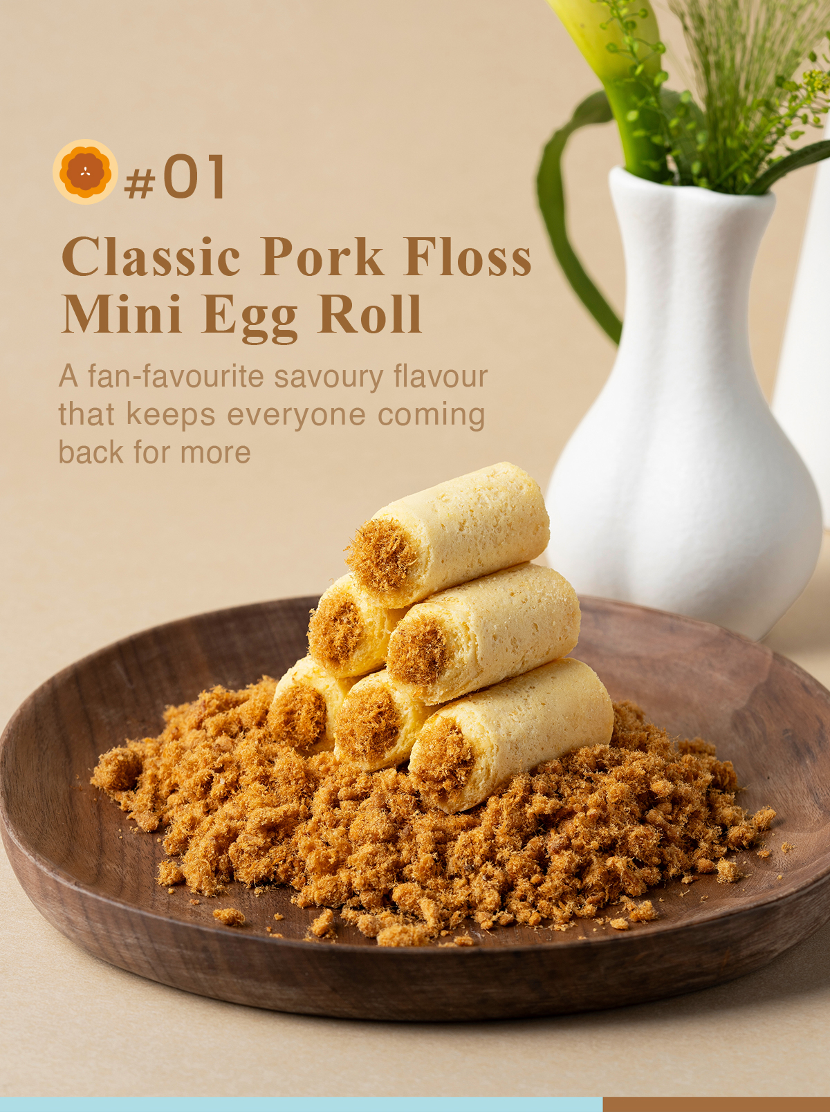 close up of pork floss mini egg rolls with rich filling texture