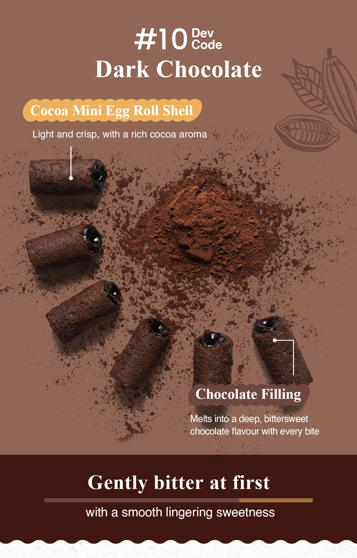 Cocoa mini egg roll shell with rich cocoa powder and chocolate filling texture