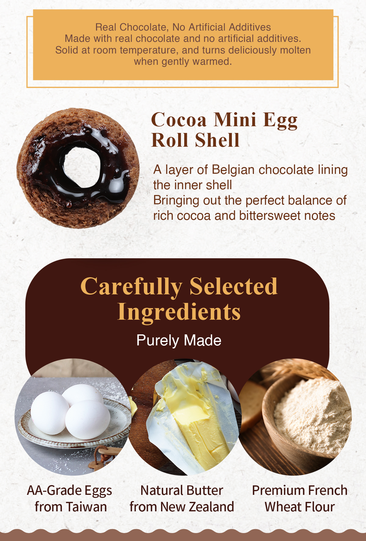 Premium ingredients for egg rolls including eggs butter and wheat flour