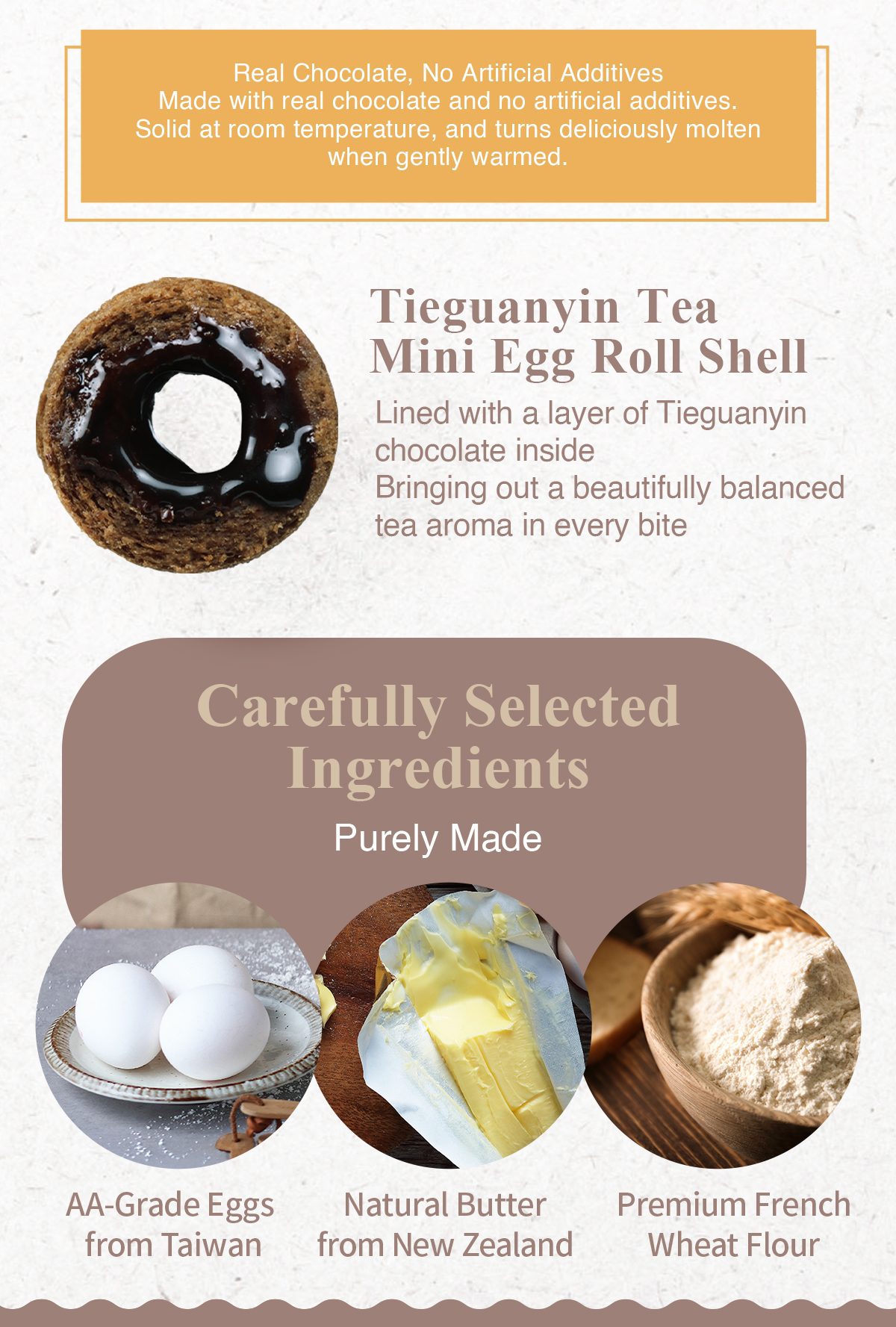 Taiwanese Tieguanyin tea leaves and egg rolls with tea chocolate filling